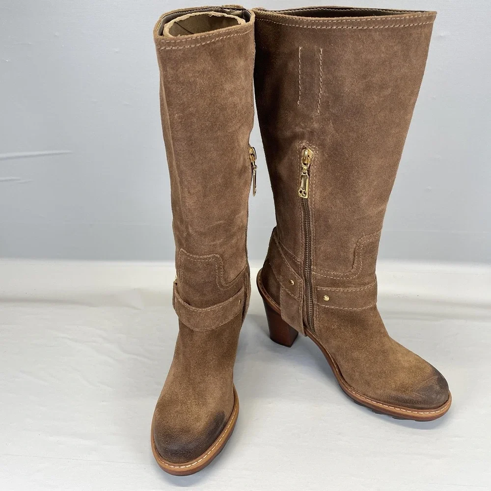 Talbots Harness Boots Womens Size 6 Brown Suede Knee High Riding Side Zip Shoes